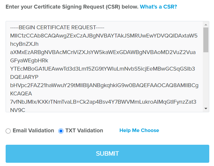 Campo de envio da CSR preenchido