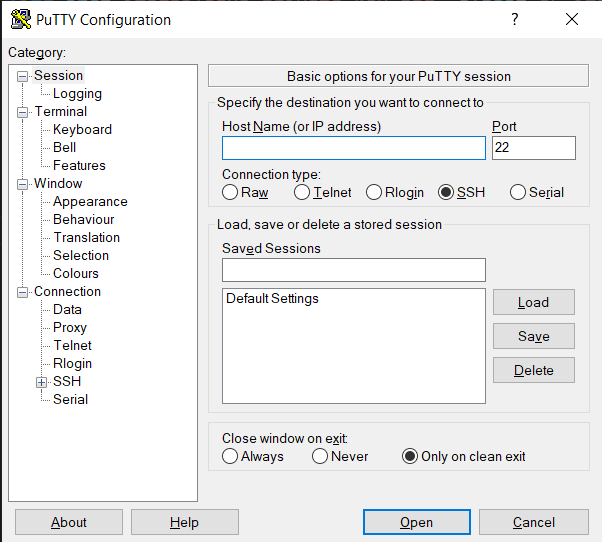 PuTTY tela inicial